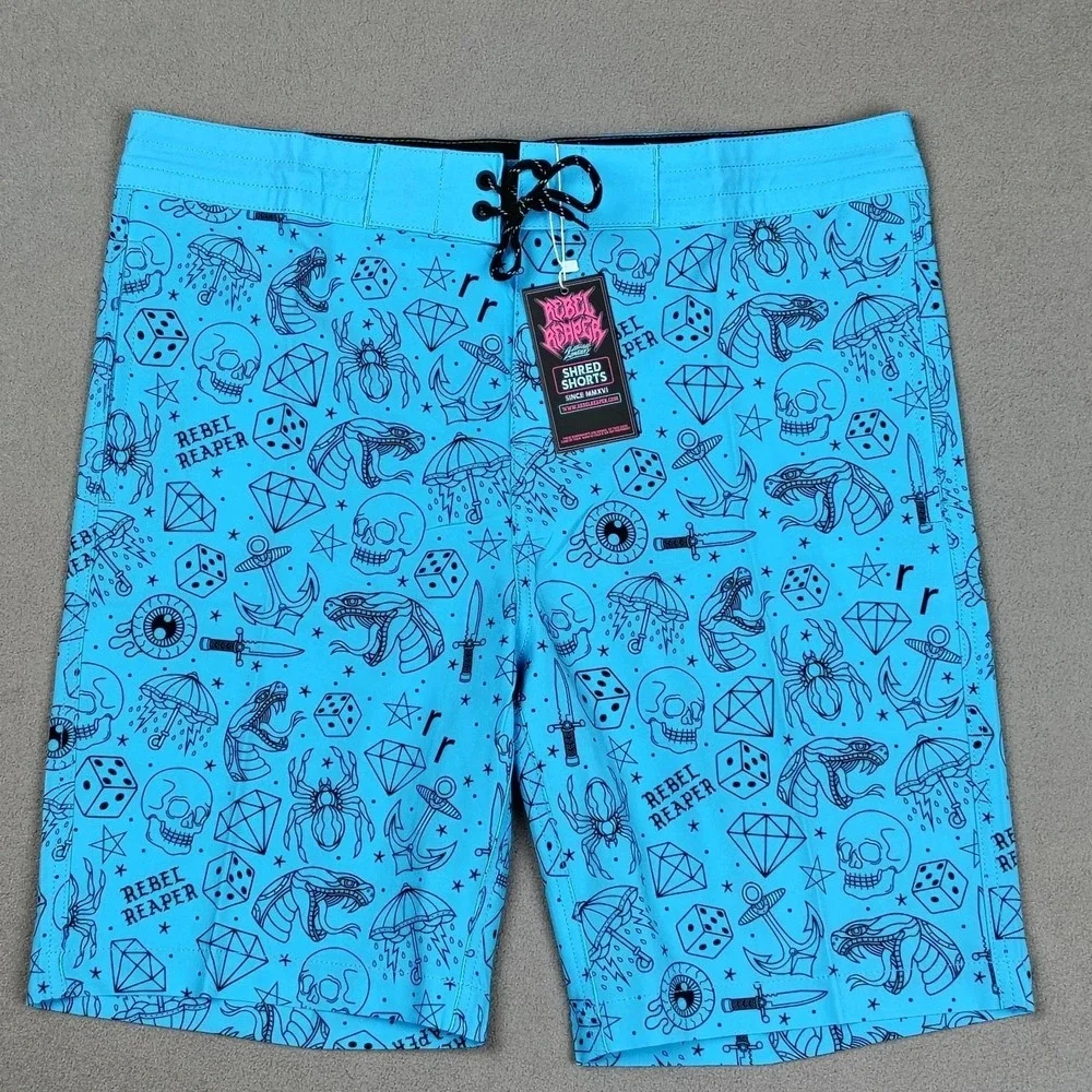 NEW Board Shorts Surf Swim Trunks Men XL Blue Tattoo Biker Pockets Fast Drying